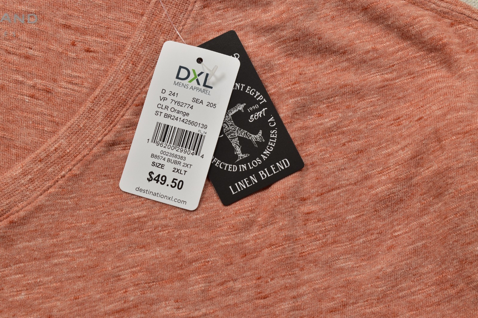 Lucky Brand Men’s T Shirt V Neck Short Sleeve Orange Linen Blend Size 2XLT NEW