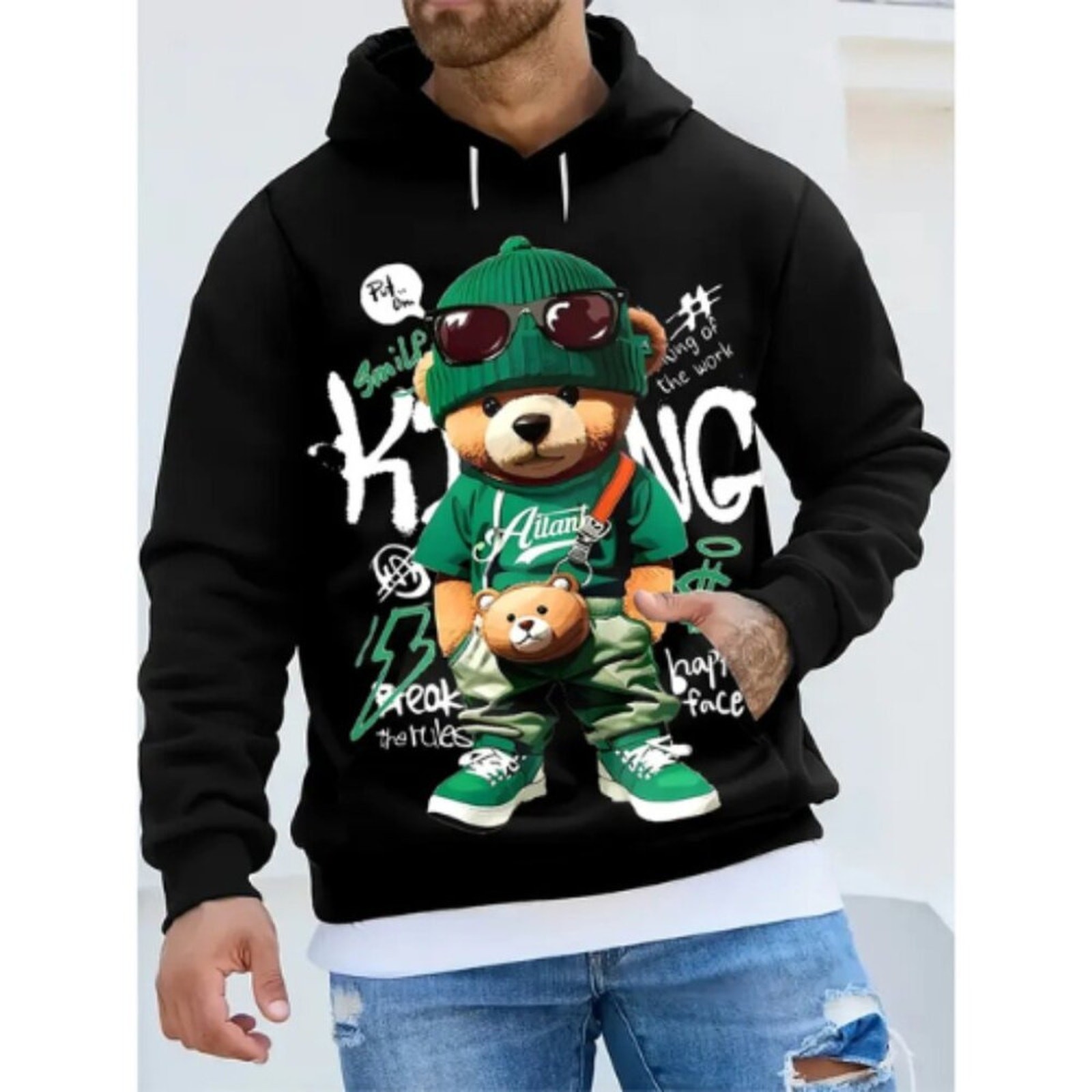 Men’s 3D Digital Print Cartoon Bear Hoodie Pullover with Kangaroo Pocket, UNISEX
