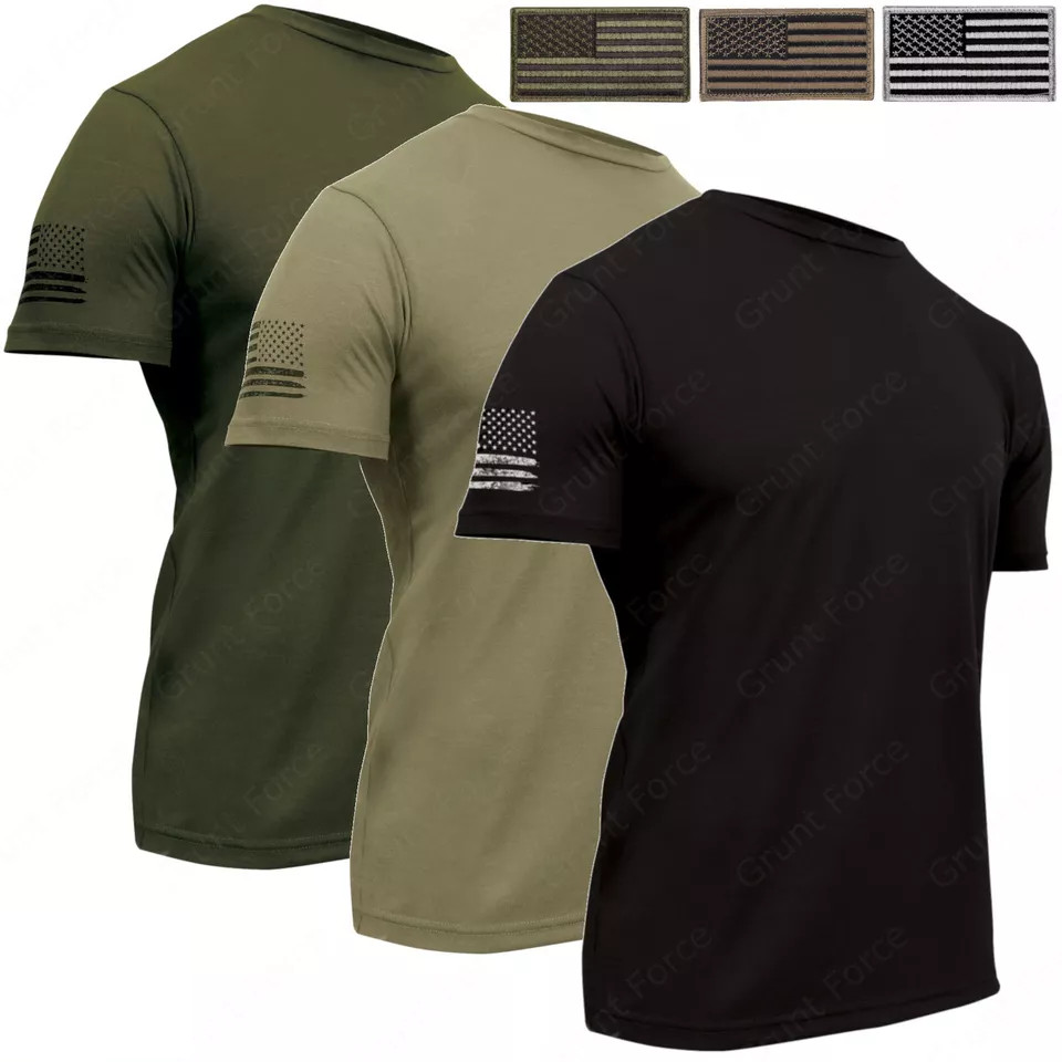 Men’s Athletic Fit Moisture Wicking T-Shirt with US Flag Patch
