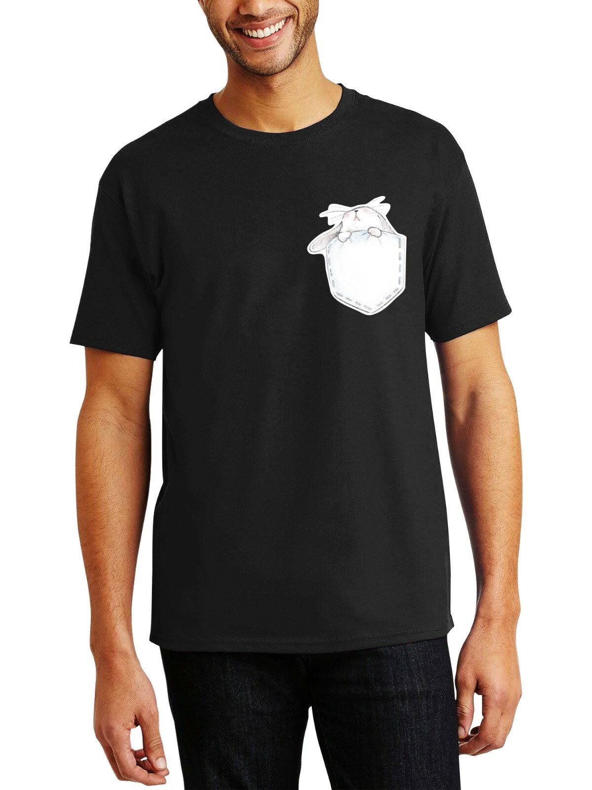 Mens Digital Image Print Pocket Easter Bunny Cotton Crew Neck Short Sleeve
