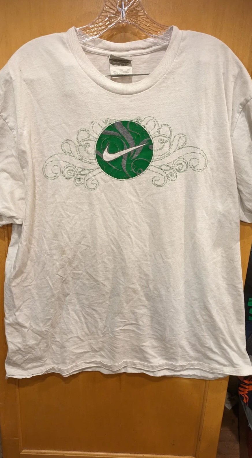 Vintage Nike Paisley Center Swoosh Shirt Size XXL Green Circle Logo STAINED