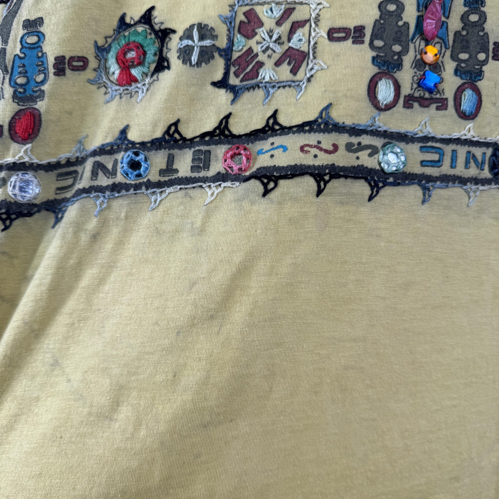 Vintage 2 Of Us Shirt Size Medium Yellow Ethnic Beaded Embroidered Boho 90s