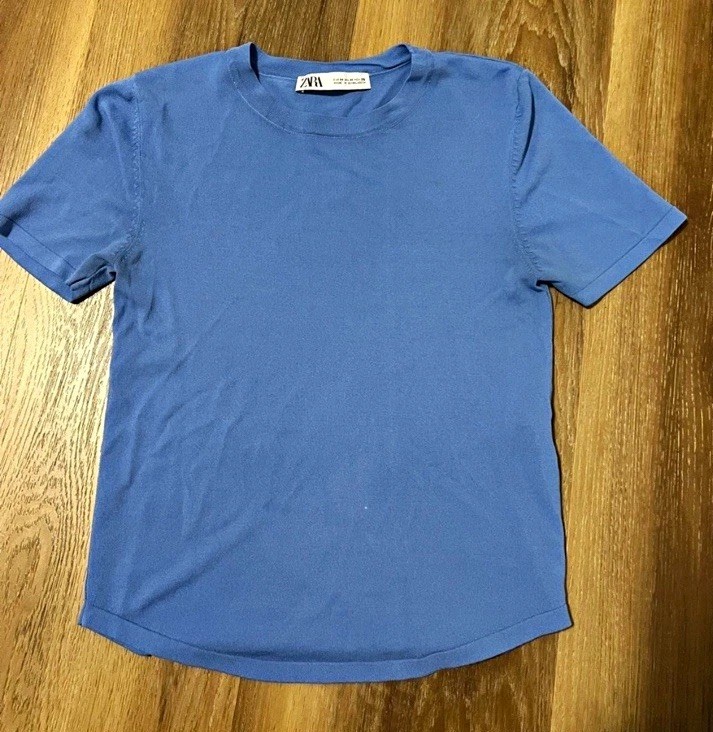 ZARA Teen Blue Crew Neck Short Sleeve Knit T-Shirt Logo Viscose/Nylon M