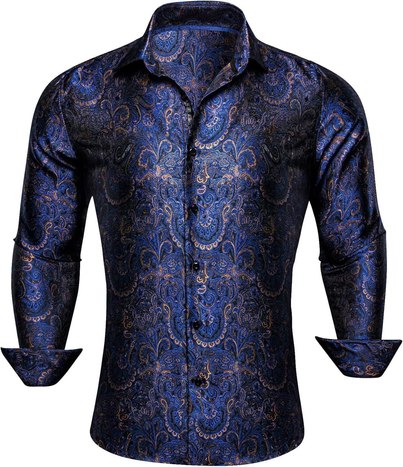 Mens Silk Paisley Western Shirt Long Sleeve Button Down Cowboy Dress Top Casual