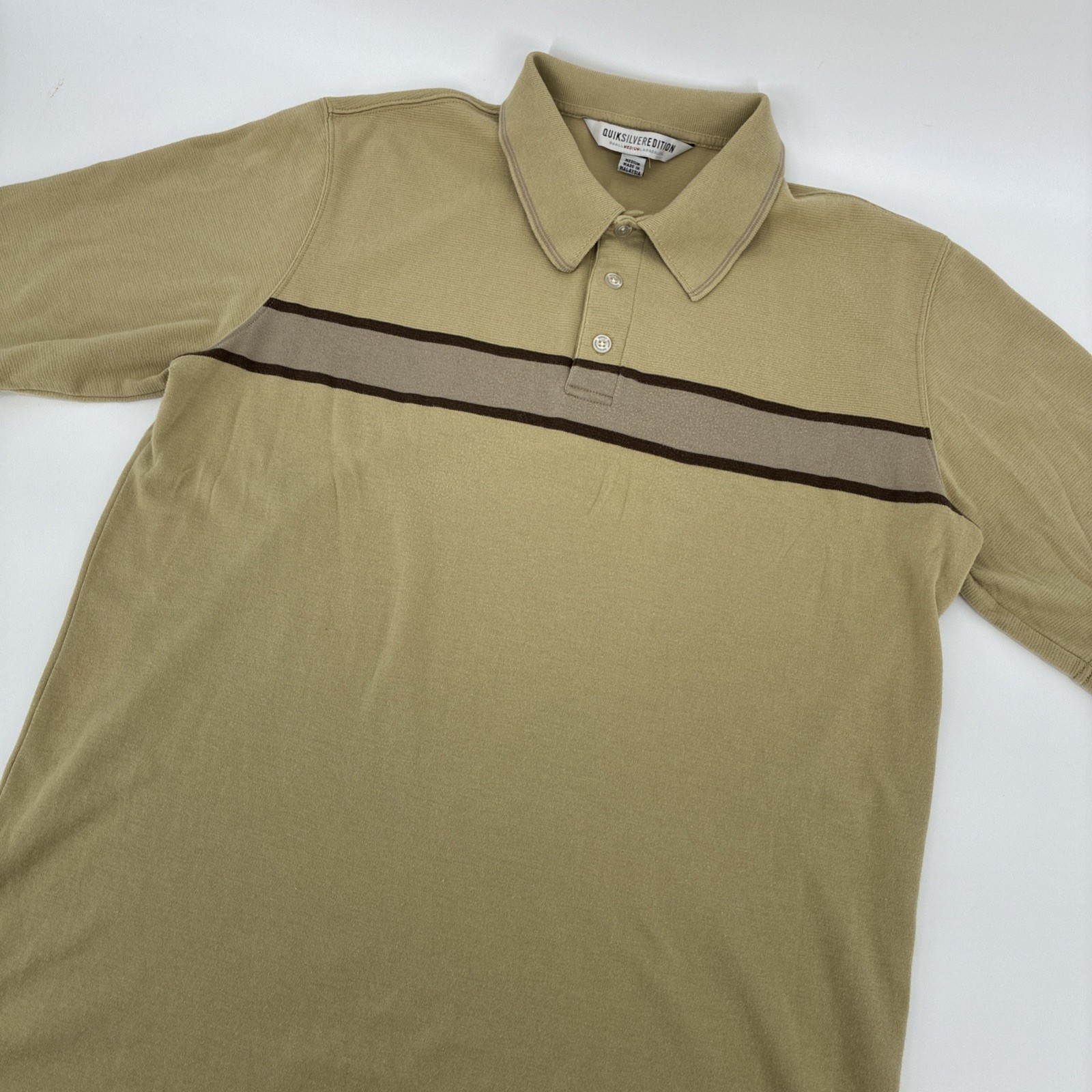 Vintage Quiksilver Polo Shirt Men Medium Beige Striped Ribbed Edition Surf Y2K