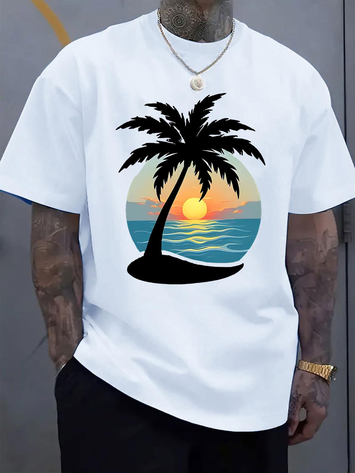 Unisex Tropical Palm Tree T-shirt Beach Sunset Print Round Neck Short Sleeve ❀