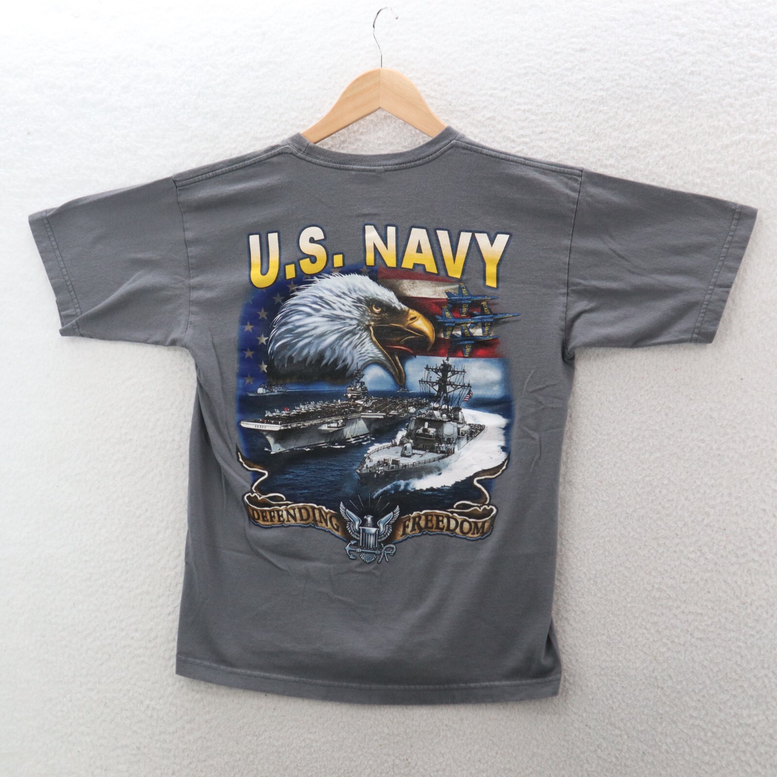 U.S. Navy T Shirt Mens Medium Gray Double Sided Military America Eagle Patriotic