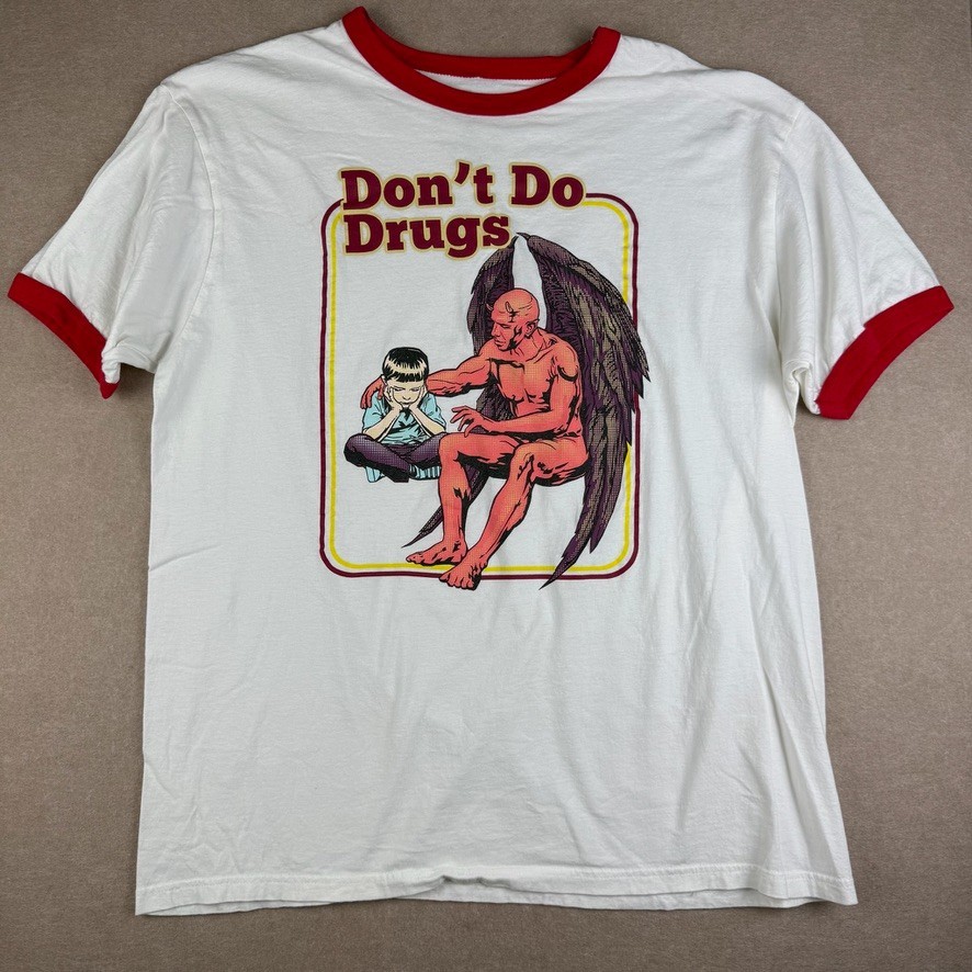 Hot Topic Ringer T Shirt Mens XL White Red Don’t Do Drugs Devil Graphic Tee