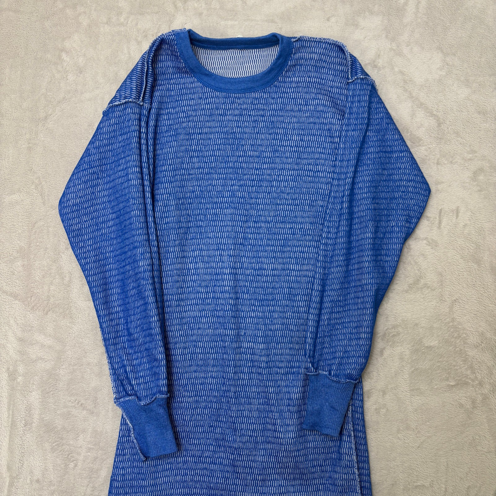 Hanes Vintage Thermal Top Blue/White Textured Weave Pattern XL 50/50 blend knit