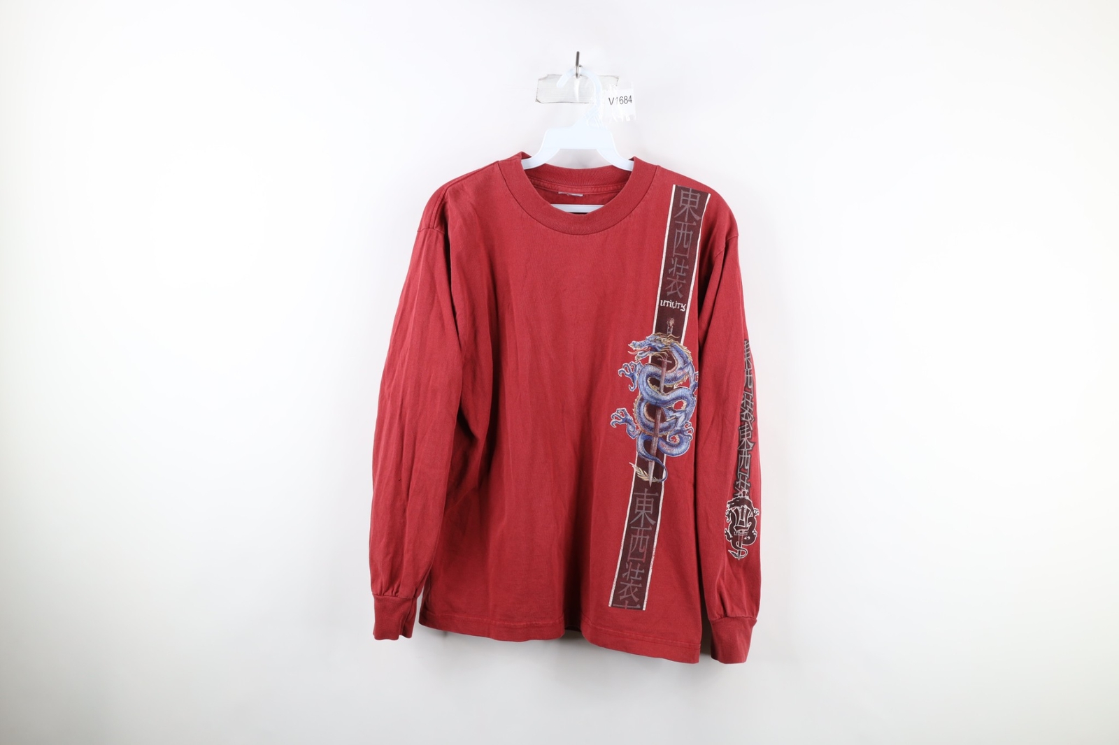 Vintage 90s Streetwear Mens Small Faded Chinese Dragon Long Sleeve T-Shirt Red