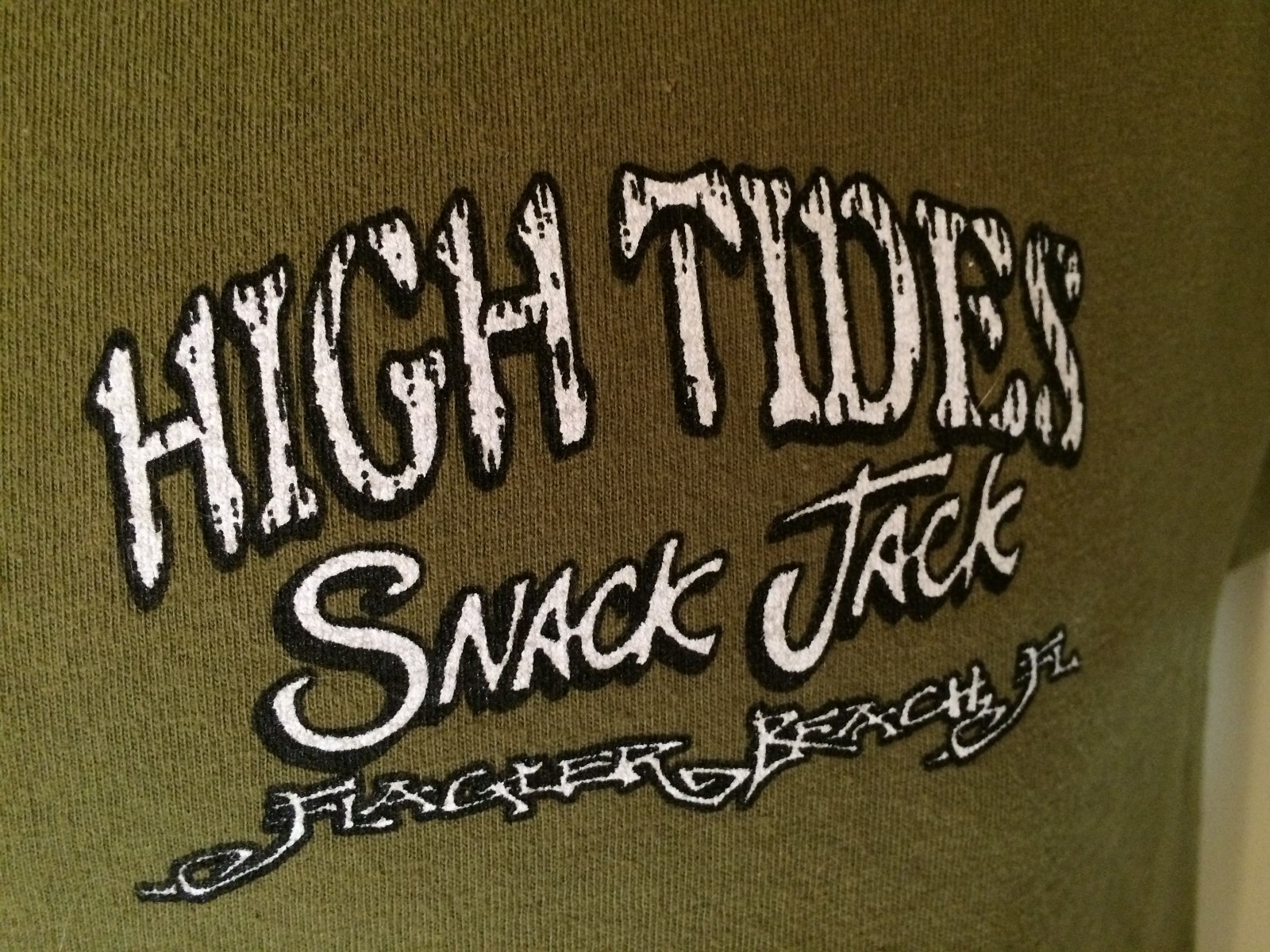 T-SHIRT S 94% Cotton GREEN- HIGH TIDES SNACK JACK FLAGLER BEACH, FL e