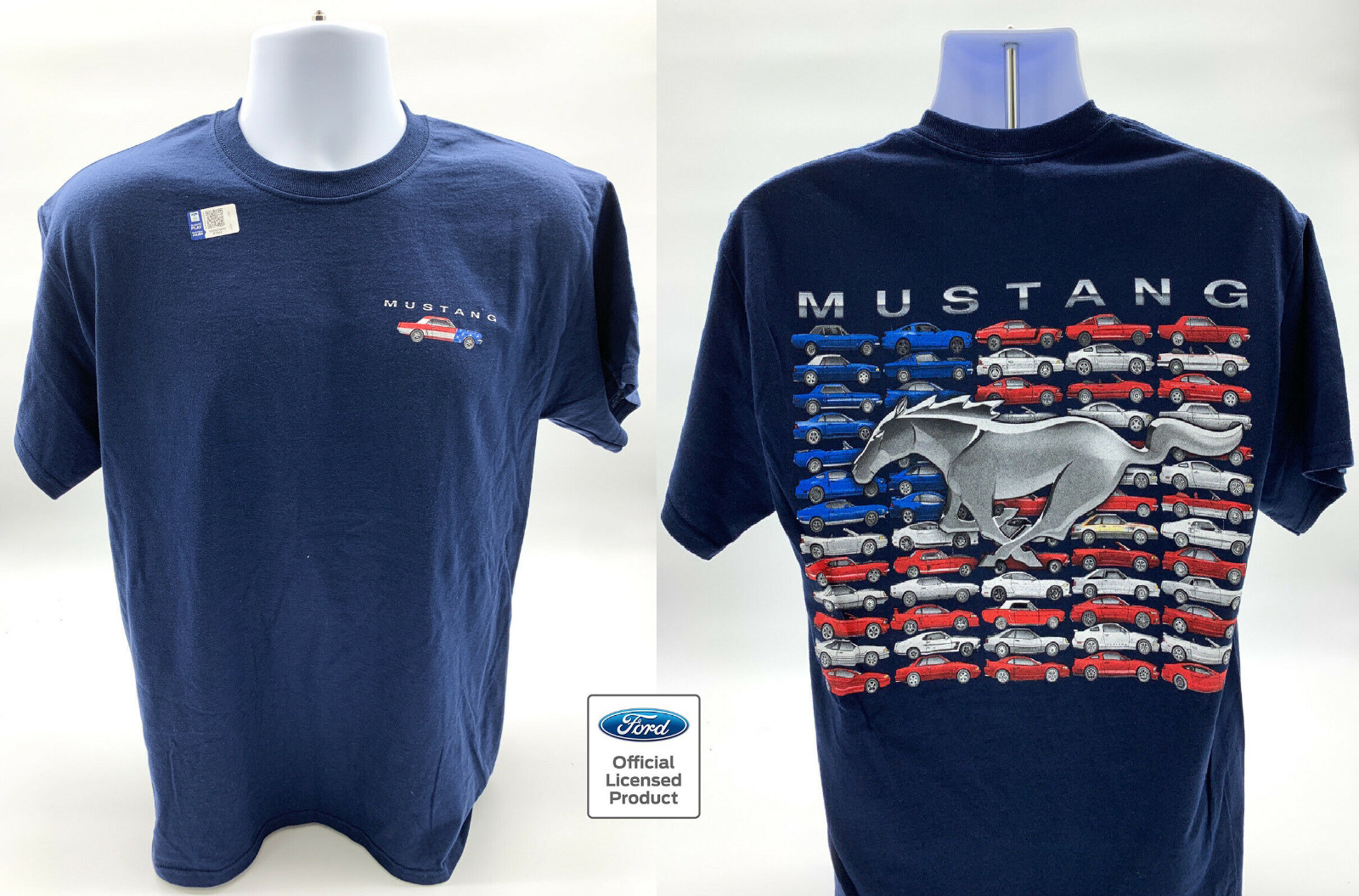Ford Mustang T-Shirt – Navy Blue w/ American Flag & Pony Logo – Licensed