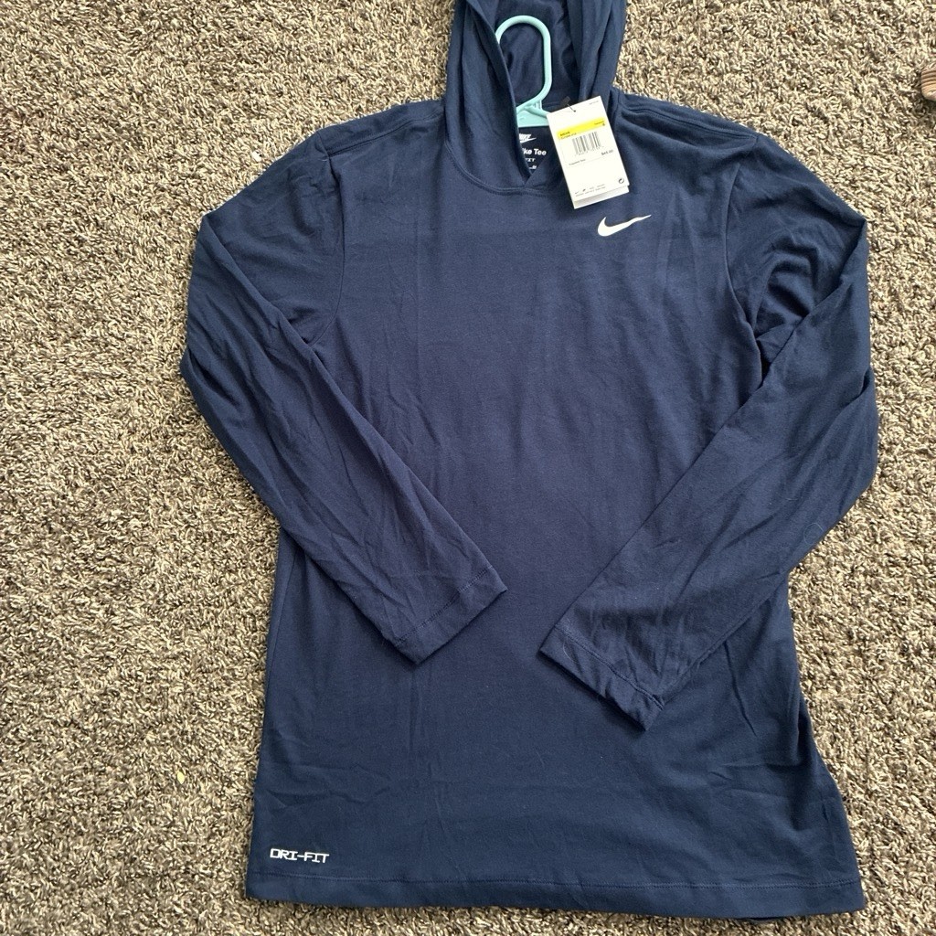 Nike Dri-FIT The Nike Tee Blue Solid Logo Crew Neck Long Sleeve T-Shirt Men’s S