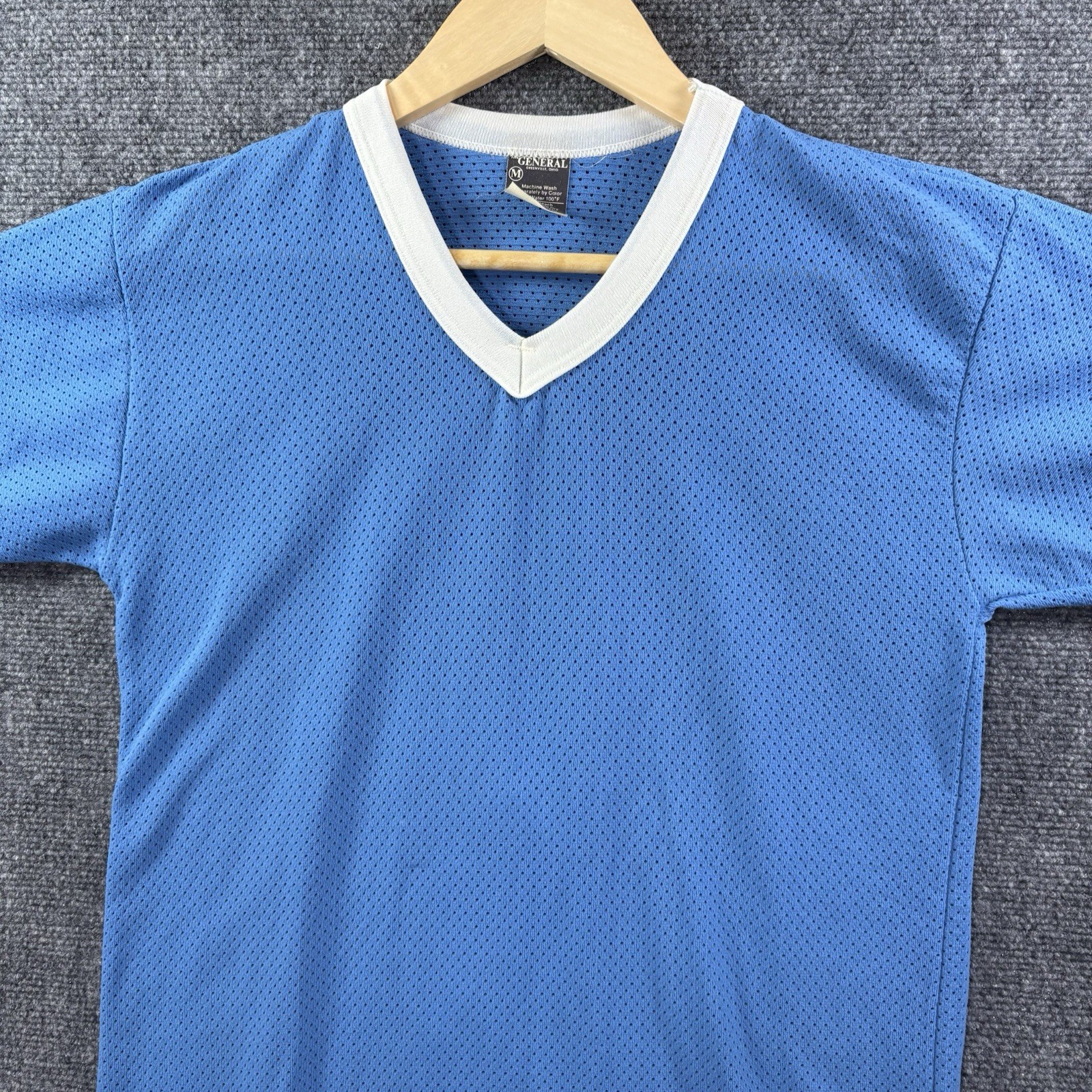 VTG 70s Nylon Mesh Flock Printed V Neck Jersey Mens M Blue Baseball Football