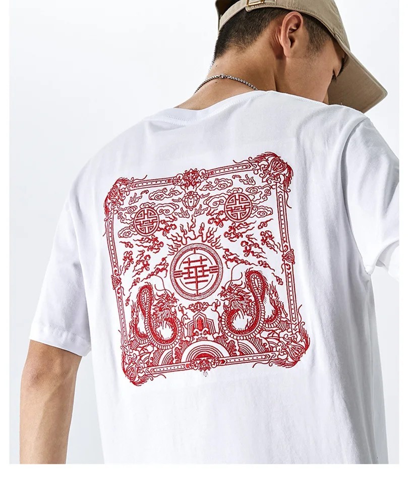 Men Embroidered Dragon T Shirt Chinese Style Streetwear Crew Neck Summer Tee Top