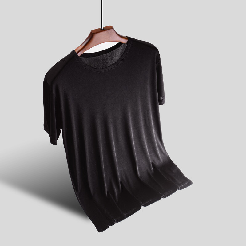 Men’s Silk T-Shirt Knitted Crew Neck Short Sleeve Summer Casual Top Soft
