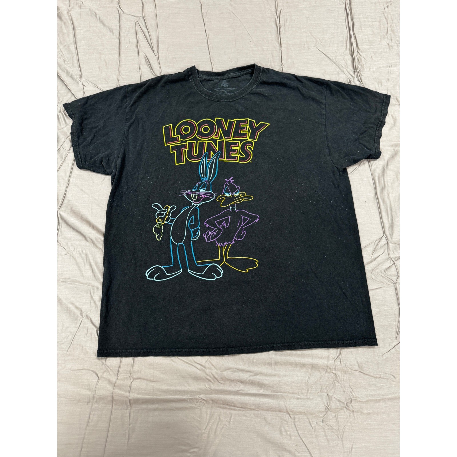 Looney Tunes Bugs Bunny Daffy Duck Neon Graphic T-Shirt Black XL Cotton