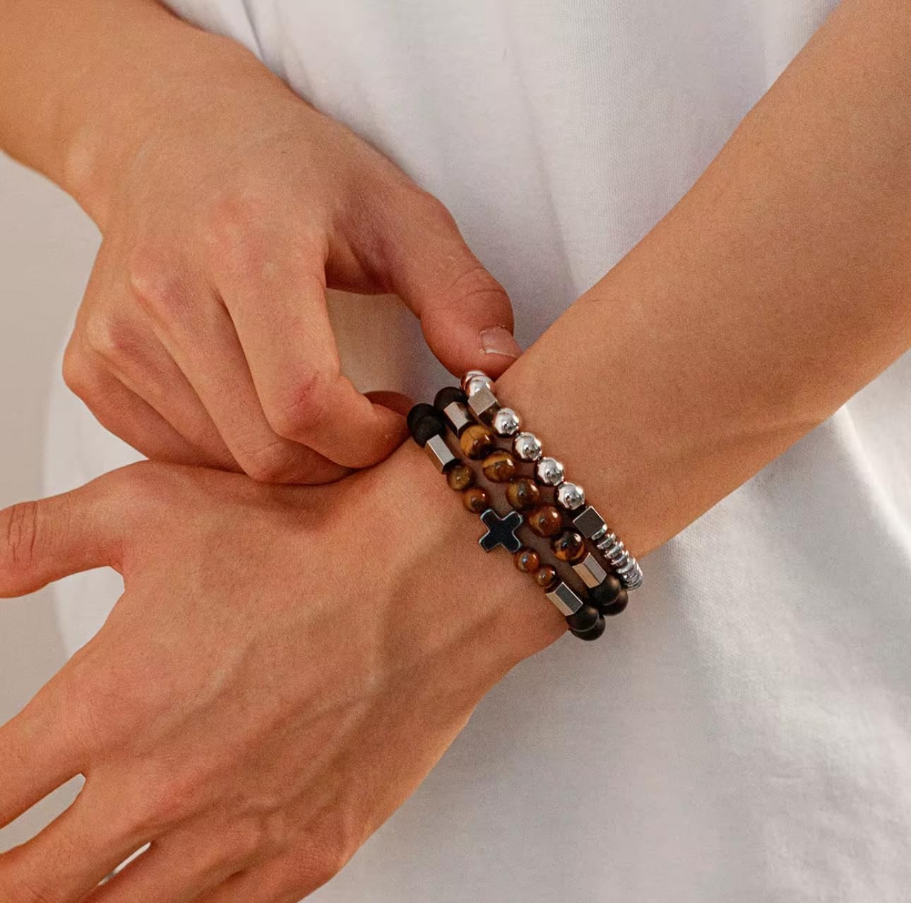 3 PCS Triple Protection Bracelet Set for Men Tiger Eye, Hematite, Onyx Beaded…