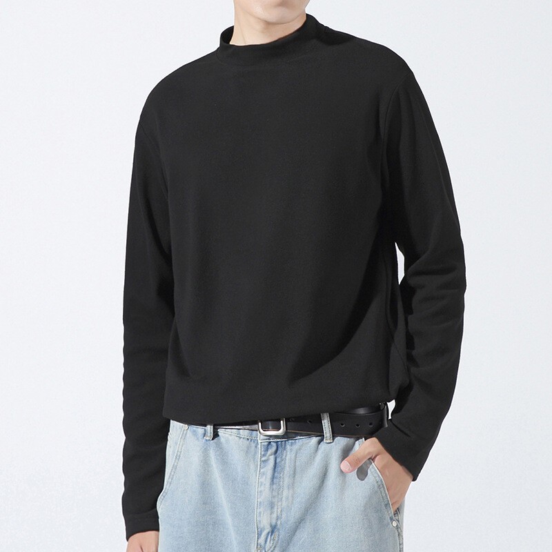 Spring Men Retro Half-Turtleneck Warm Long Sleeve Tee Solid Color T Shirt Tops