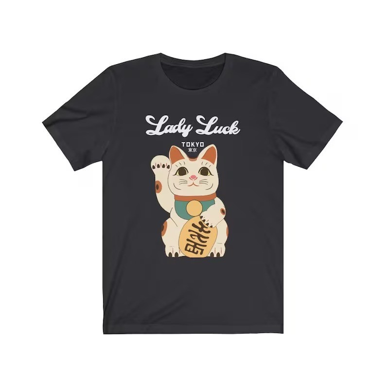Japanese Maneki Neko Cat T-Shirt Lucky Cat Graphic Tee Cute Lady Luck Shirt
