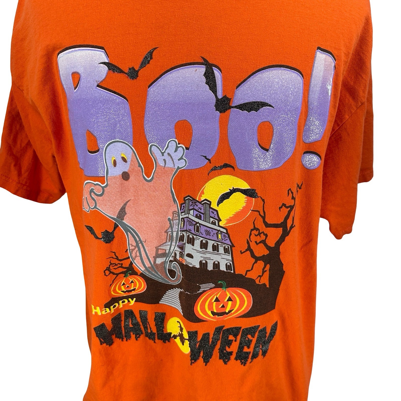 Vintage Basic Editions Halloween Ghost Haunted House Orange T-Shirt Mens XL