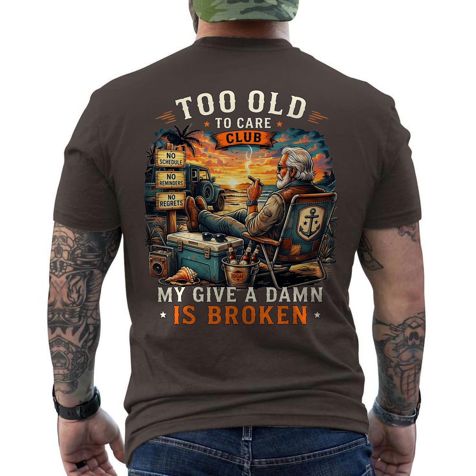 Too Old to Care Club Don’t Care My Give A Damn is Broken Retro ON BACK T-Shirt