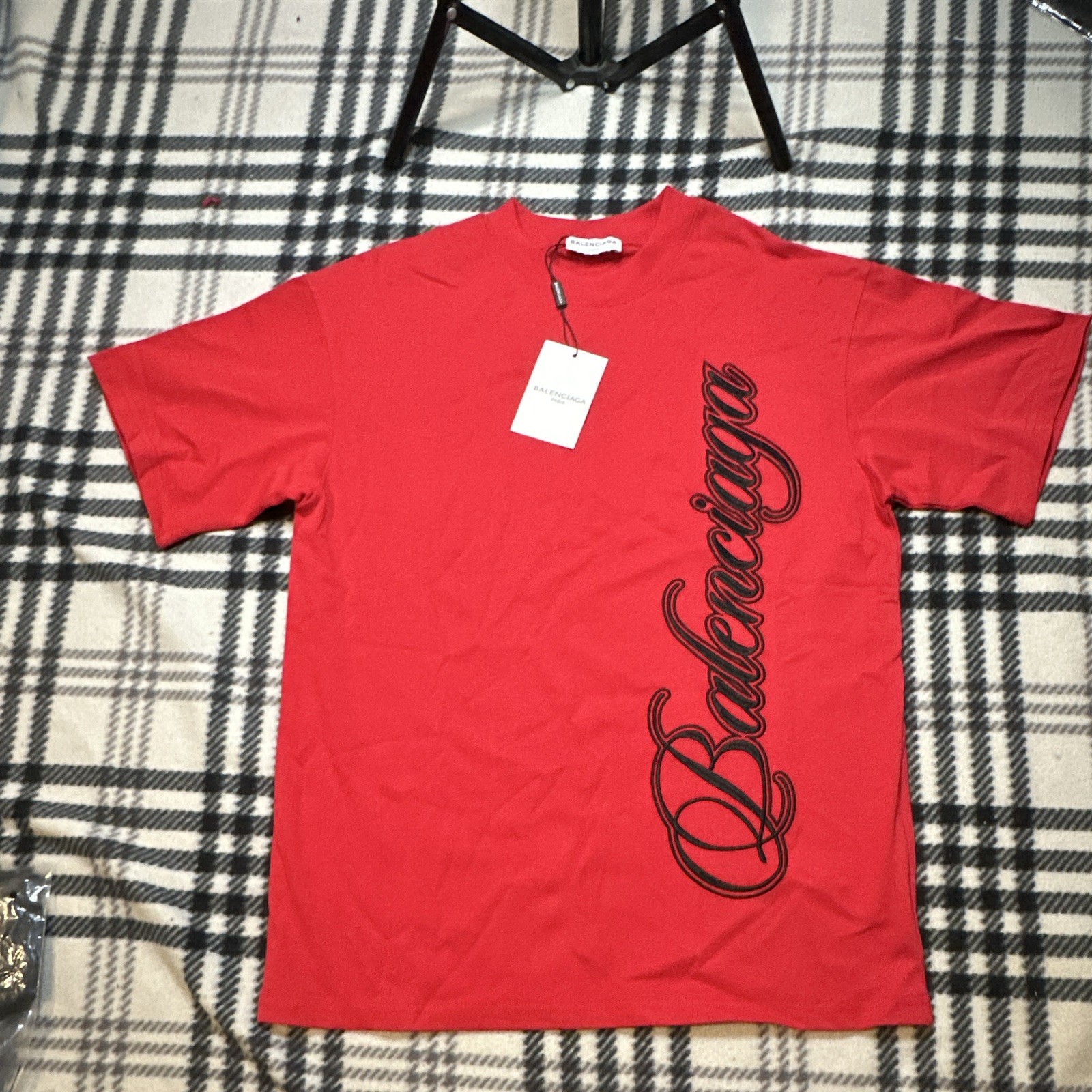Balenciaga Men’s XL Red Cotton Crew Neck Short Sleeve Black Logo T-Shirt