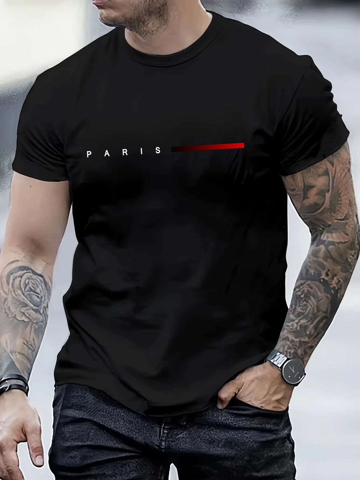 Men’s T-Shirt Summer Loose PARIS Creative Letter Print Casual Slim Fit Round