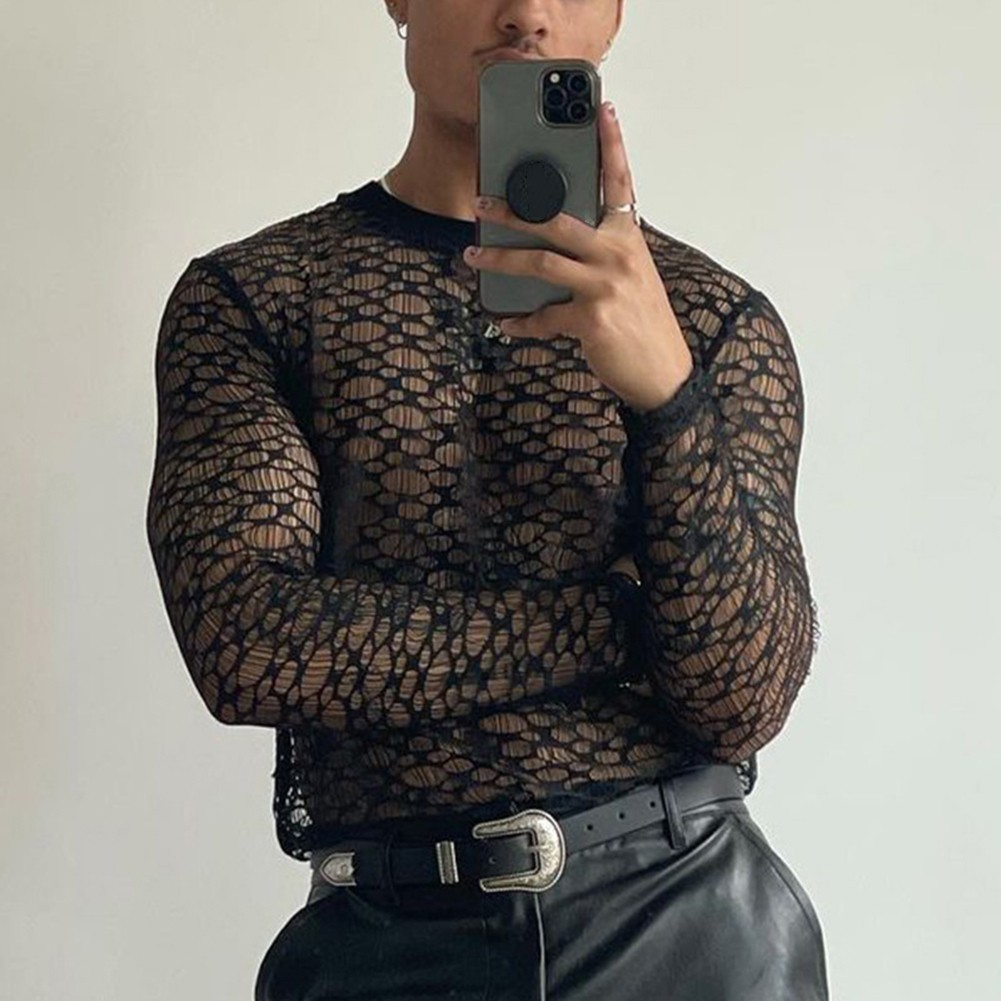 For Layering Men Mesh Tee Hollow Out Top Mesh Fabric Hollow Out Loose Fit