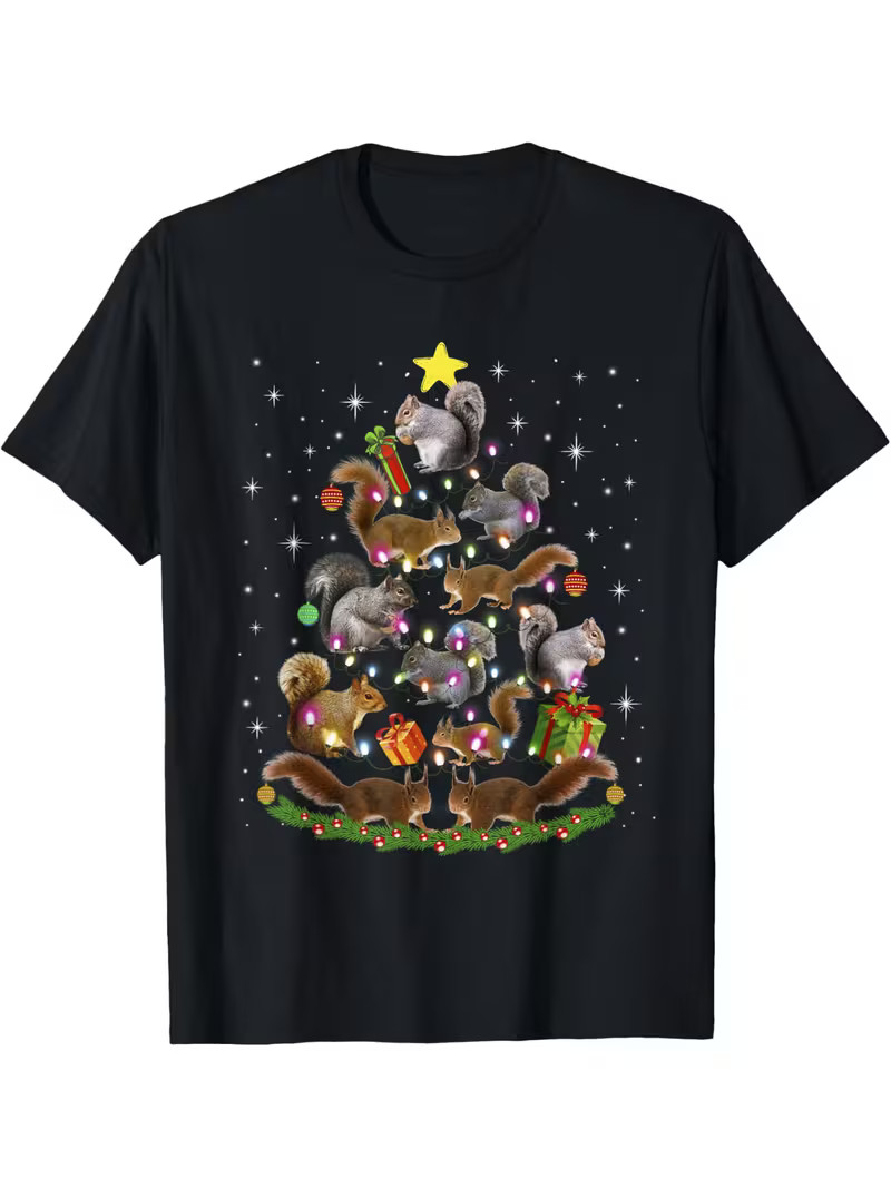 Funny Squirrel Christmas Tree Lights Ornament Xmas Squirrel T-Shirt Black casual