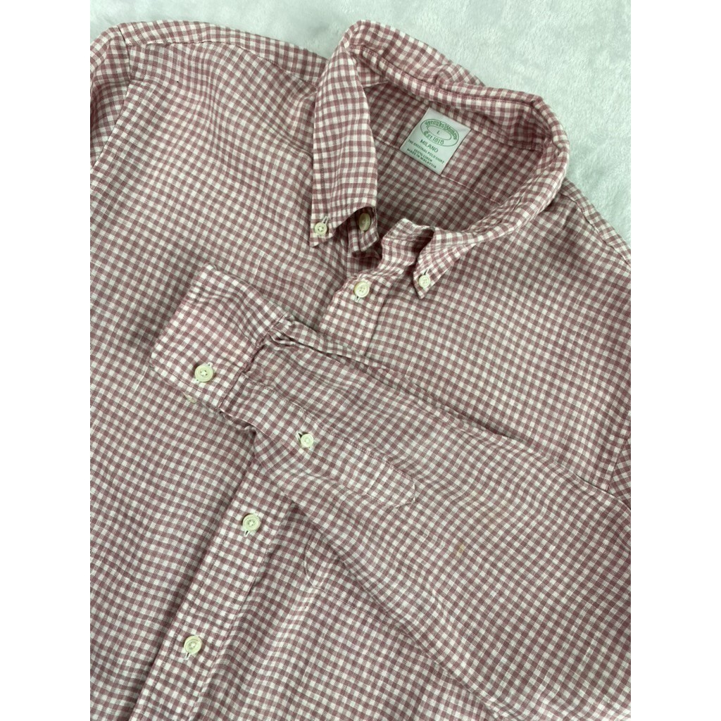 Brooks Brothers Baird McNutt Milano Button Up Shirt Sz L Pink Gingham 100% Linen