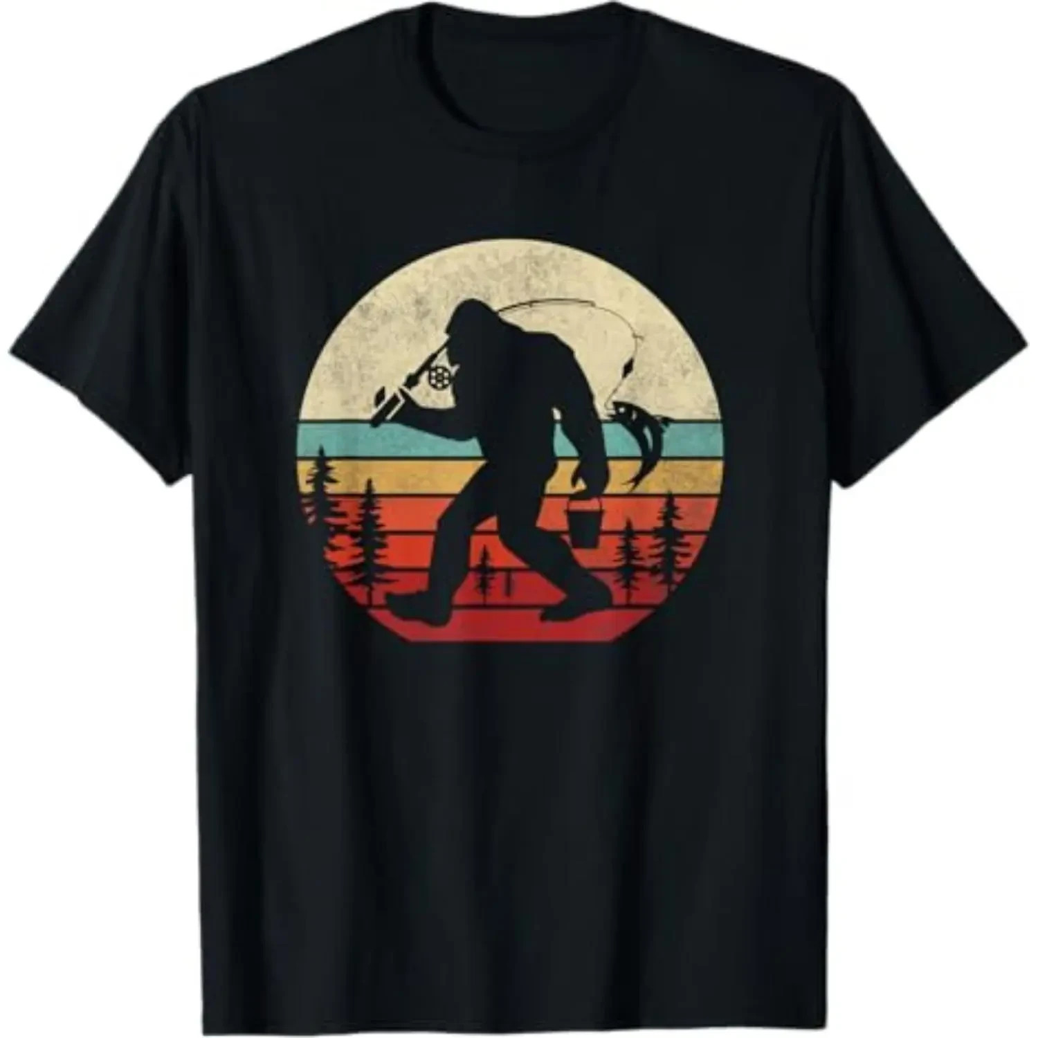 Men’s 100% Cotton Summer T Shirts Bigfoot Fishing Funny Retro Sasquatch Tee