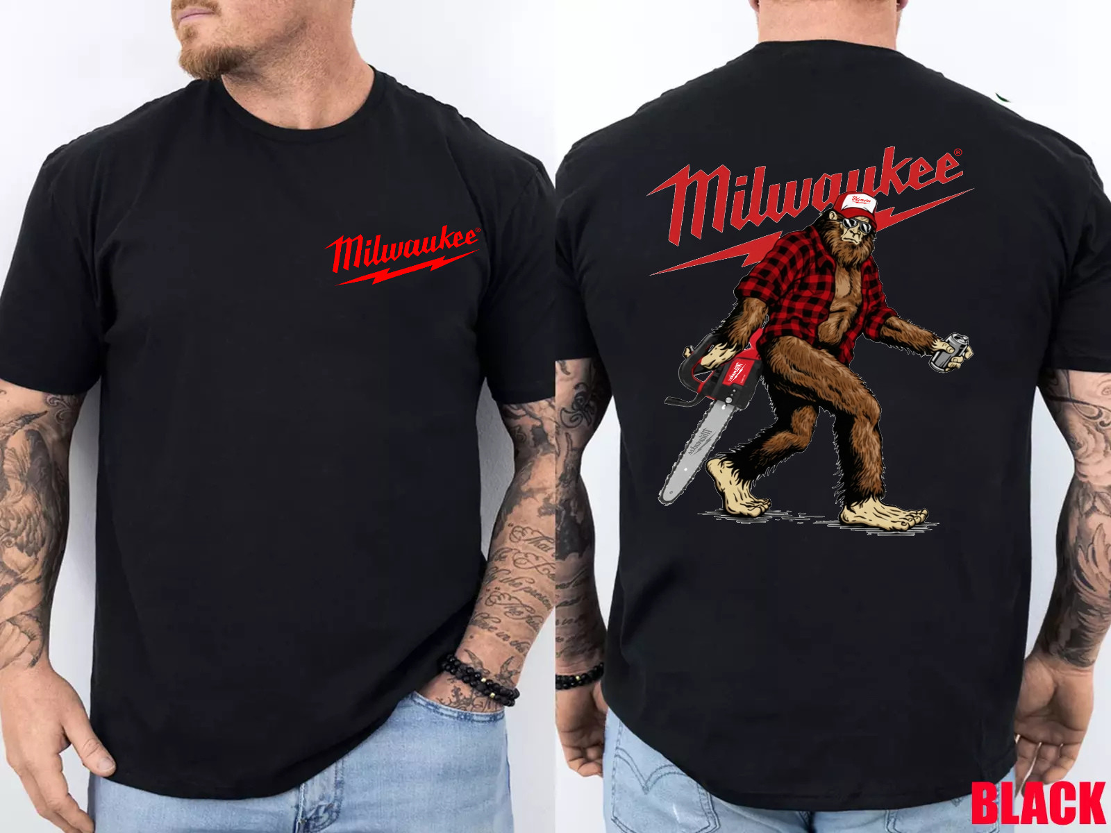 Bigfoot Milwaukee Power Tool Chainsaw Blue Collar Lumberjack 2 SIDE T-Shirt