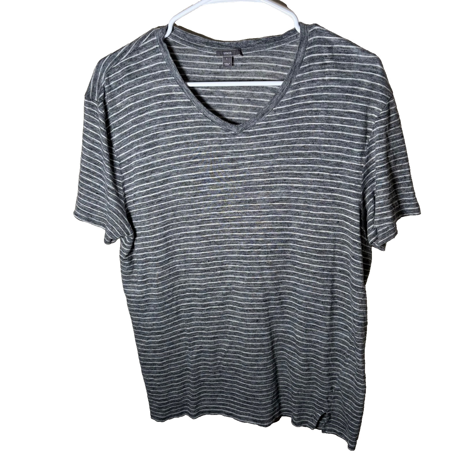 Vince. T-Shirt Large Gray 100% Linen Short Sleeve Striped Casual Shirt