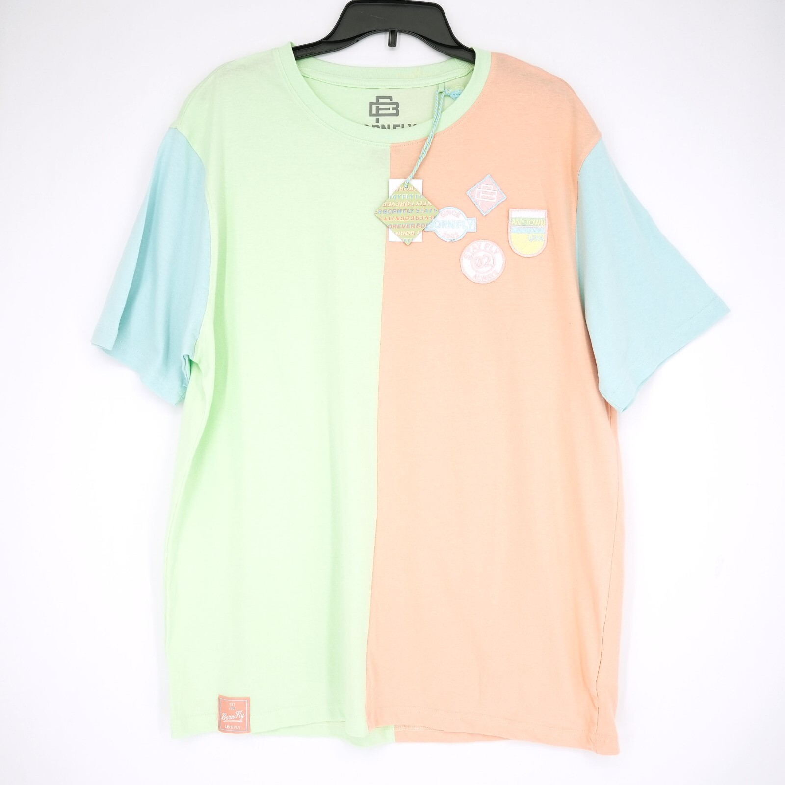 Born Fly Men’s T-Shirt XL Green Blue Orange Logo Patches 100% Cotton NWT