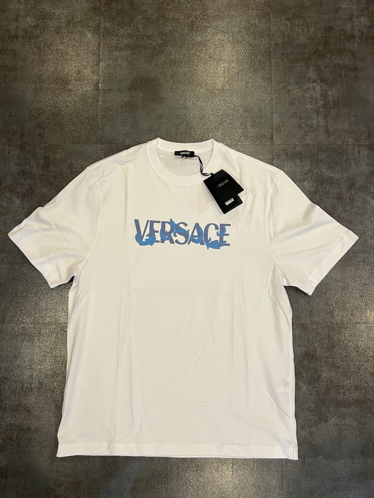 $425 RARE versace Men T-shirt White And Blue Logo Print Men Tee XL