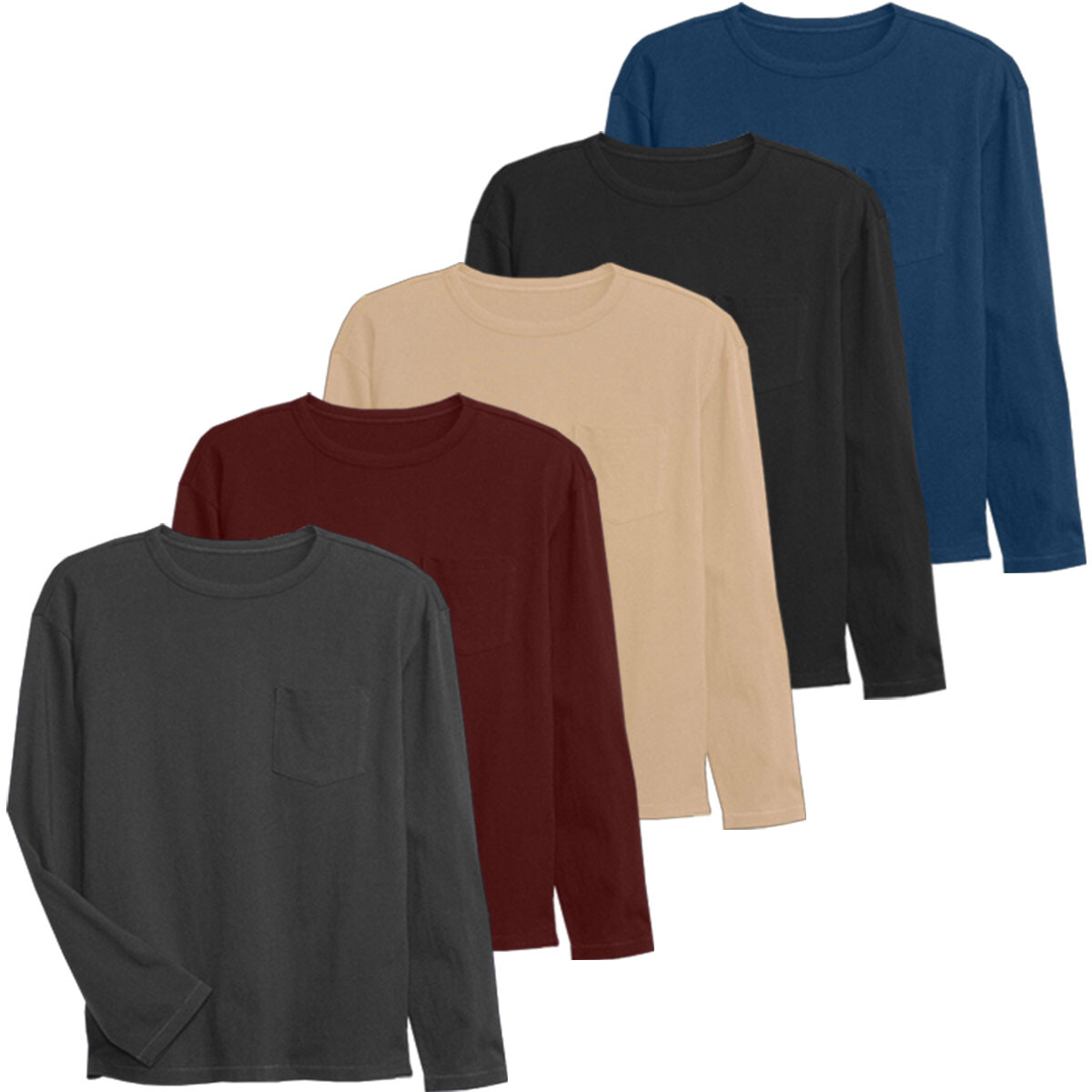 Mens Long Sleeve T-Shirt Plain Crew Round Neck Casual 100% Cotton Pocket Tee Top