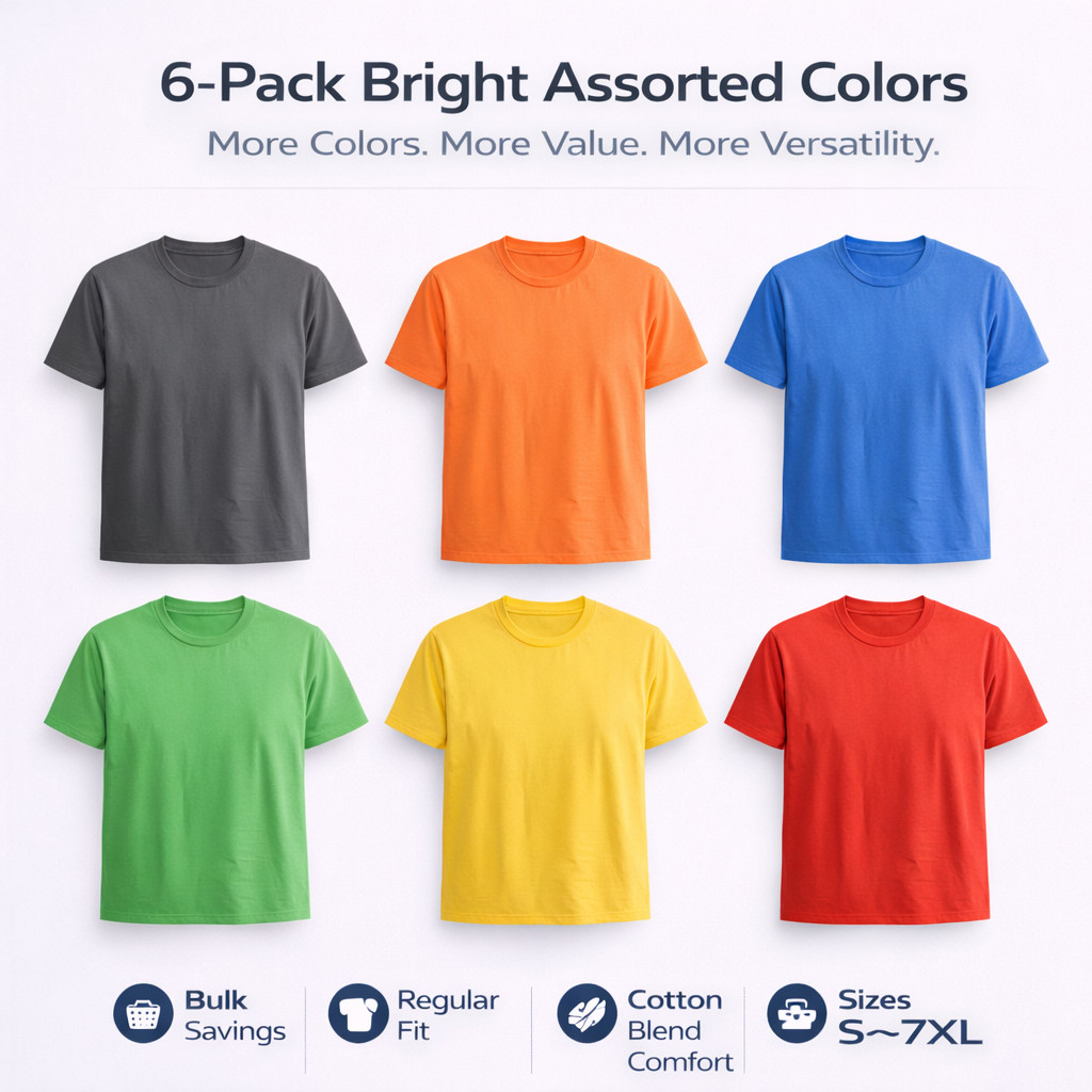 BILLIONHATS Men’s Cotton T-Shirt 6 Pack, Big Tall Short Sleeve Lightweight Tees
