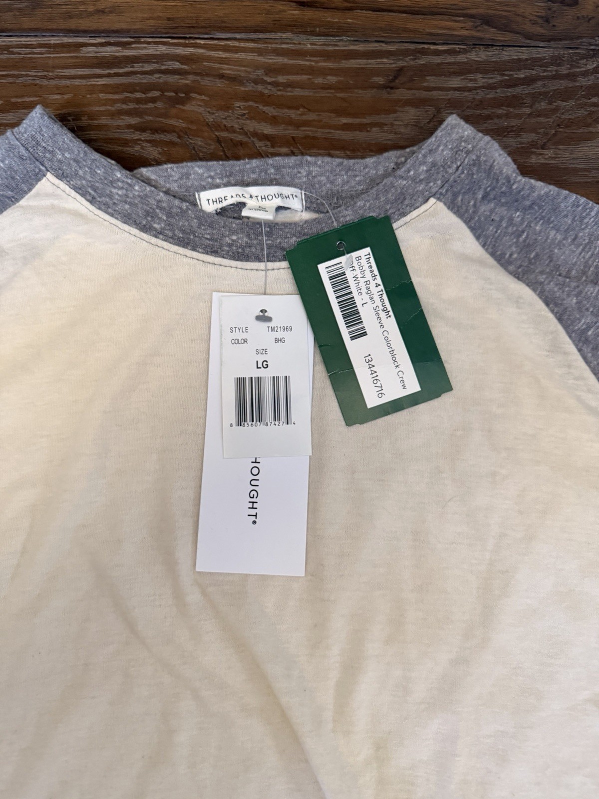 Threads 4 Thought Bobby Raglan Colorblock Mens Large Long Sleeve Tee Gray Beige
