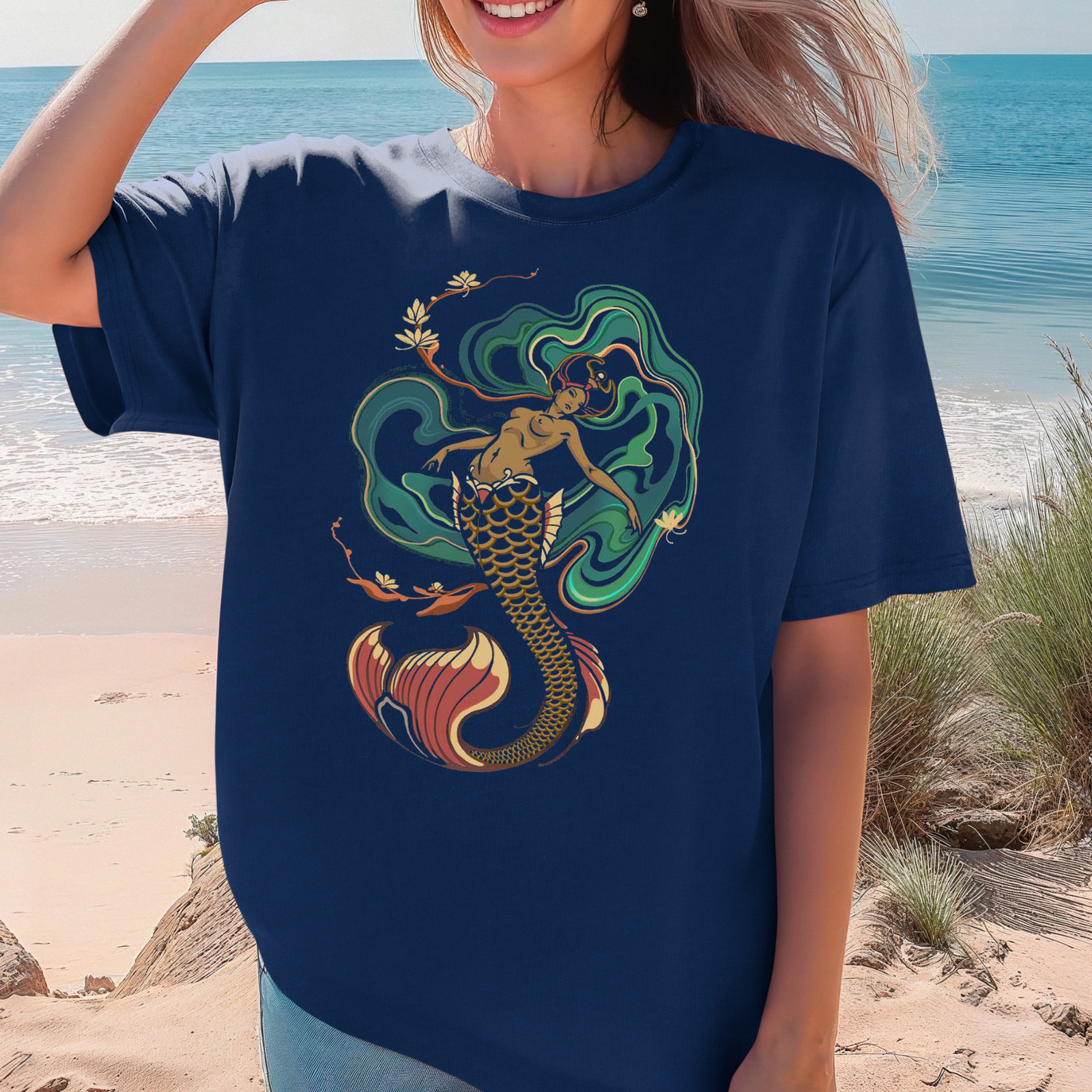 Koi Mermaid Illustration T-Shirt | Nautical Fantasy Tee, Fun Beach Shirt
