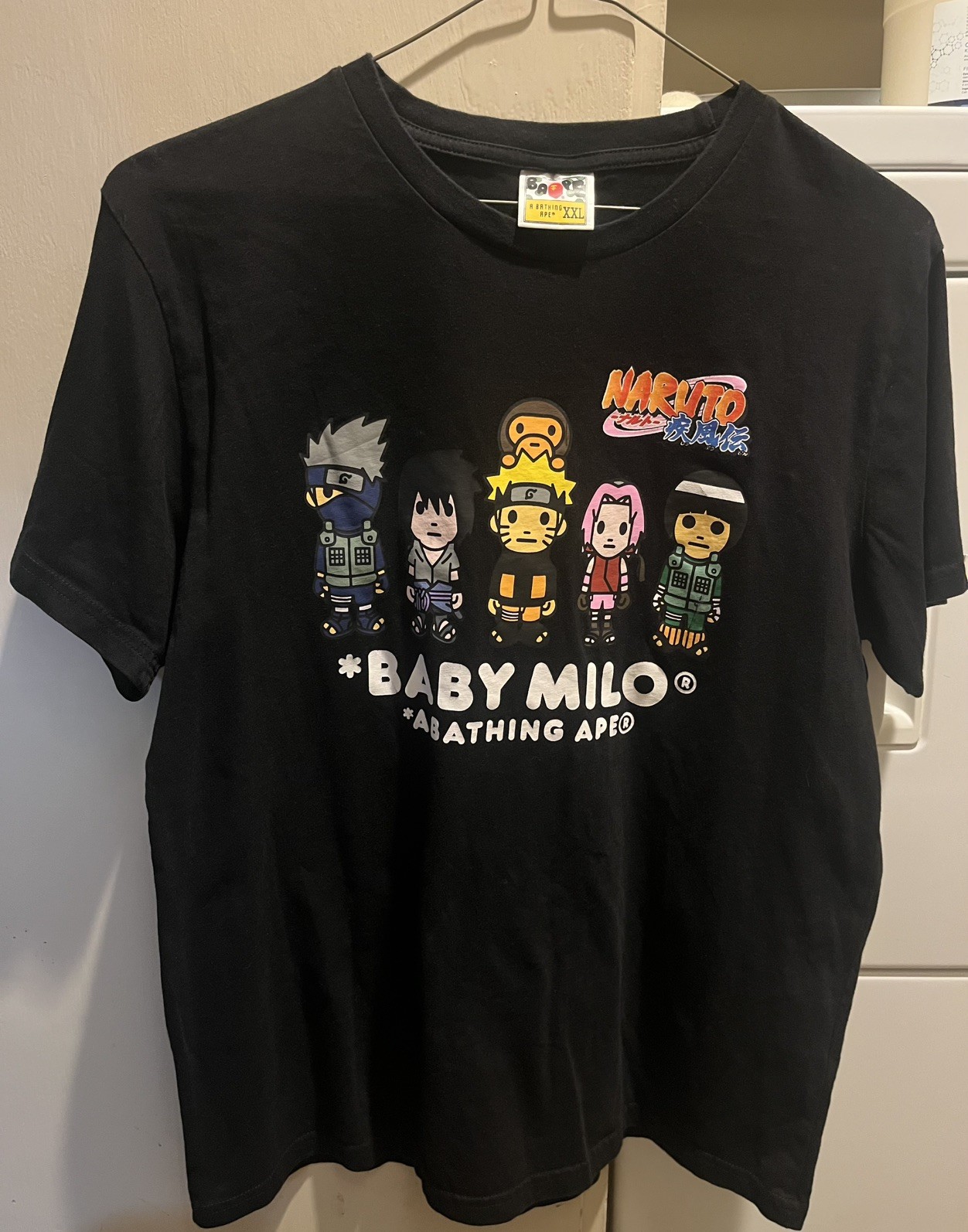 BAPE Baby Milo NARUTO T-Shirt Youth XXL A Bathing Ape JAPAN Anime BLACK Adult S