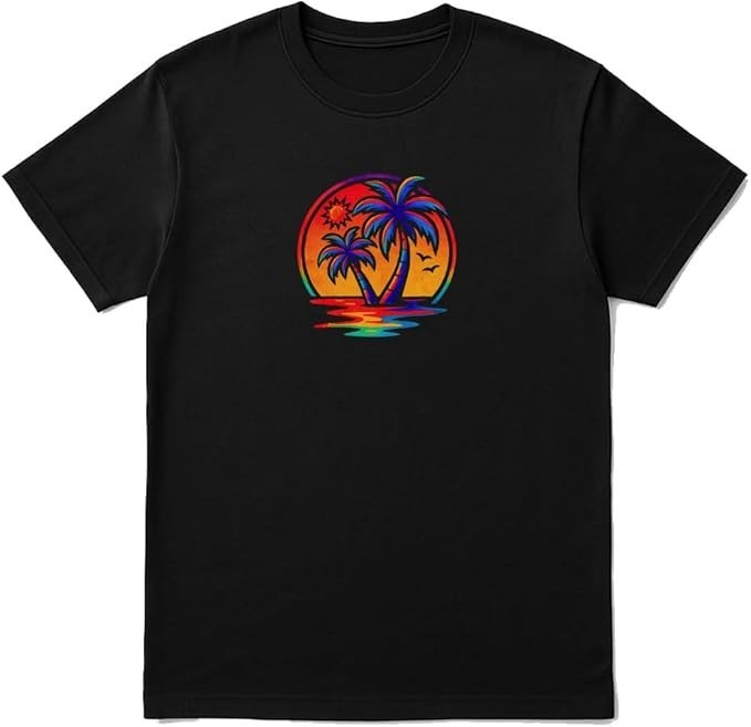 Tropical Sunset Palm Tree T-Shirt – Unisex Black Rainbow Beach Graphic Tee