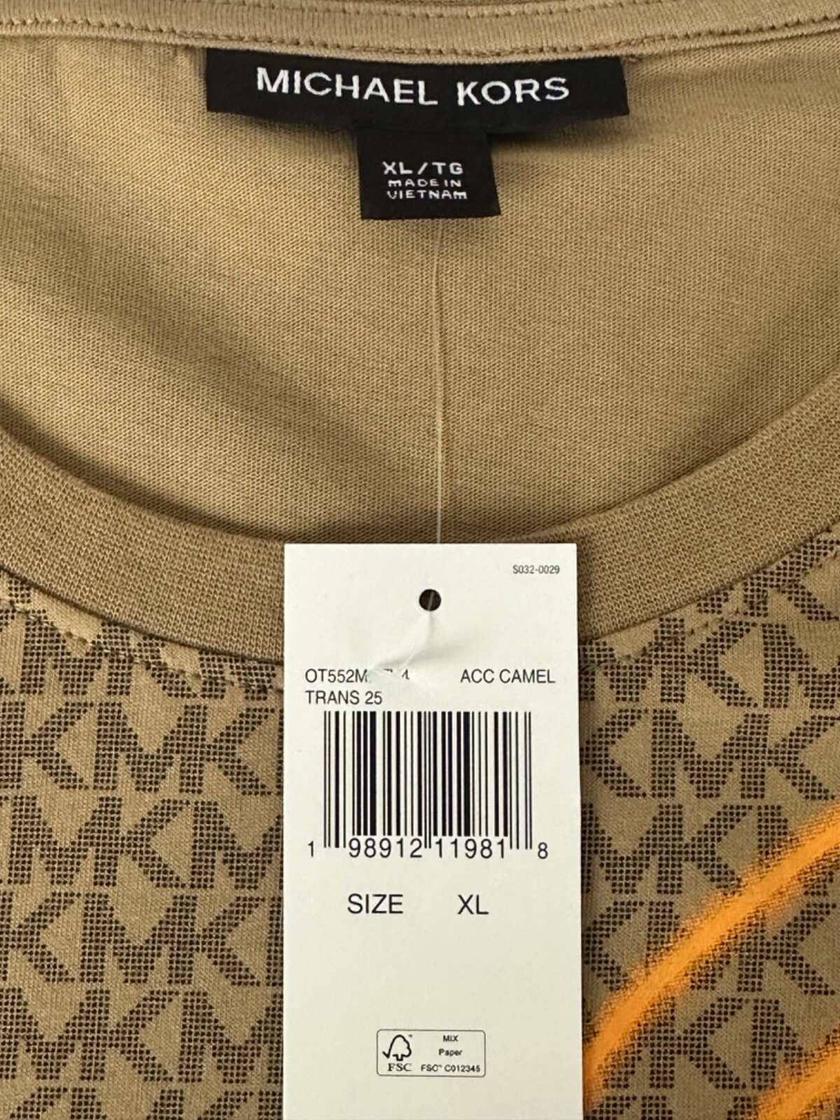 Michael Kors Men’s Camel Brown Graphic MK Signature Logo T-Shirt XL New With Tag