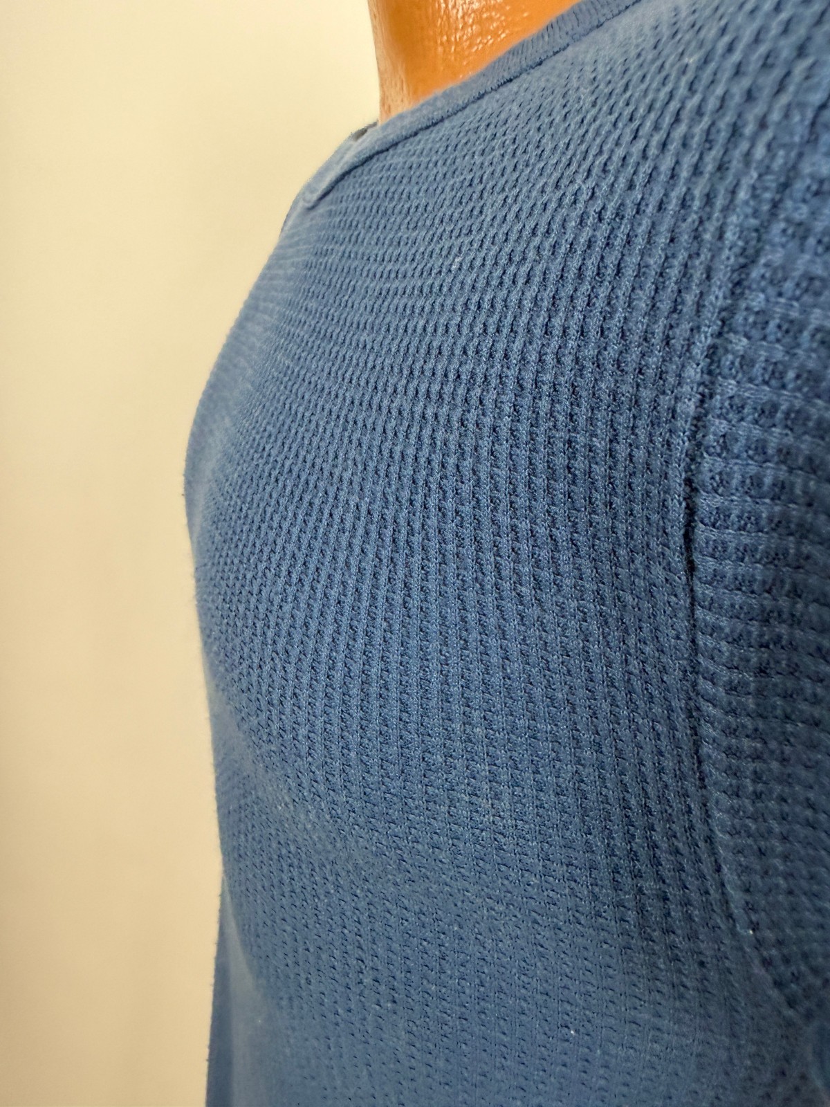 Vintage 80s Waffle-Knit Thermal Shirt Men Large Tight Stretch Outdoors Blue USA