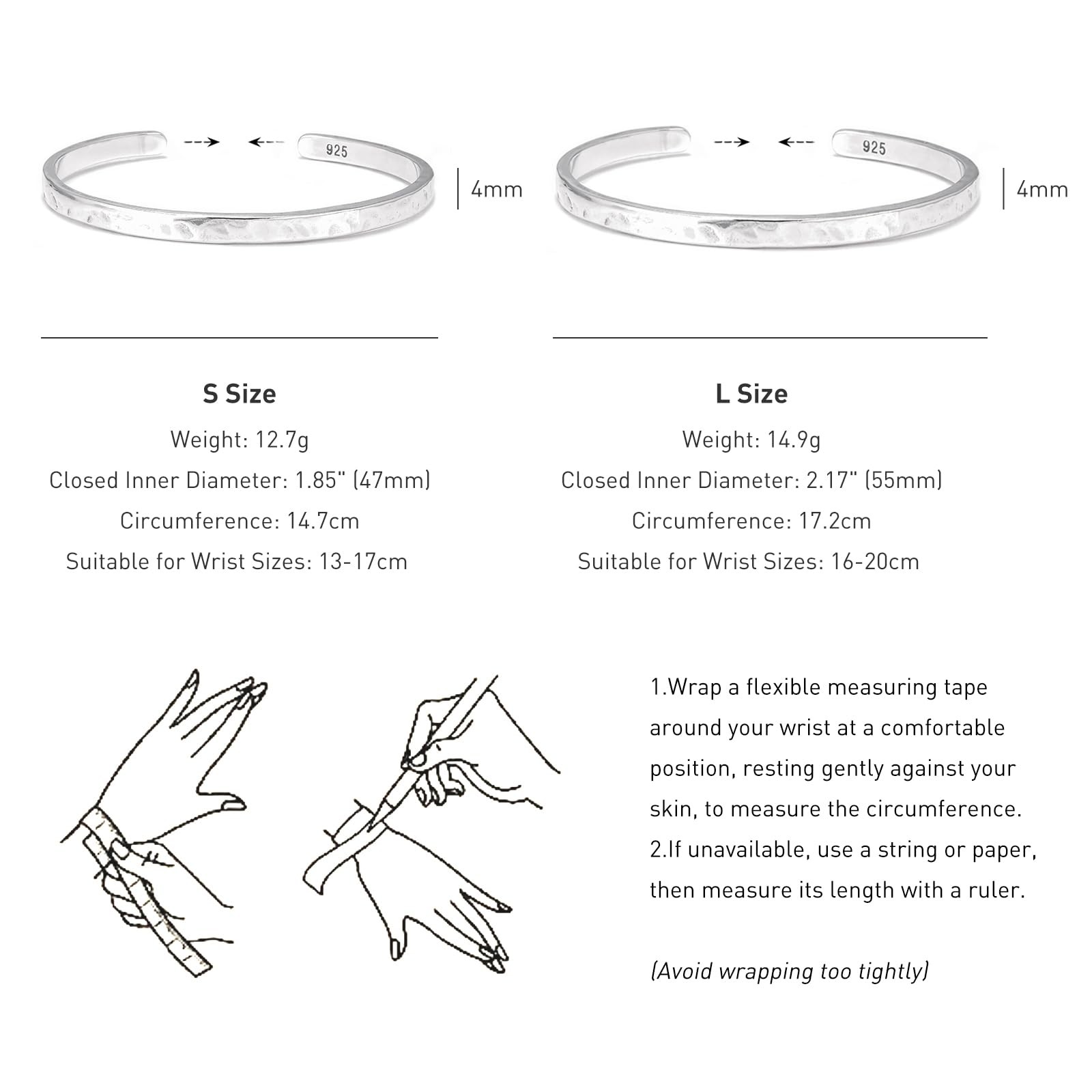 925 Sterling Silver Hammered Cuff Bangle Bracelet for Men, 4mm Handmade Minim…