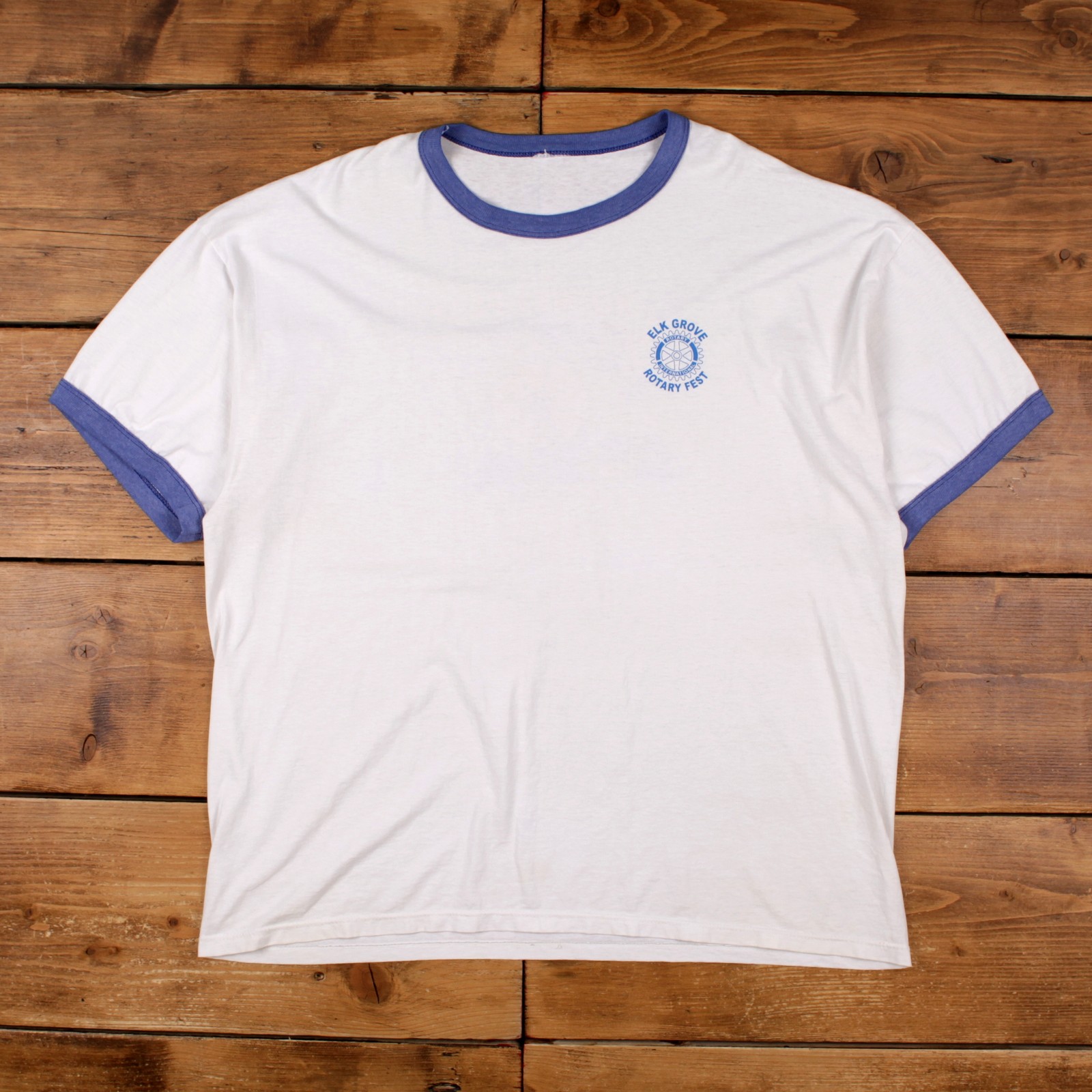 Vintage Ringer T-shirt 2XL Mens 00s 2007 Rotary Fest White Blue Festival Y2k