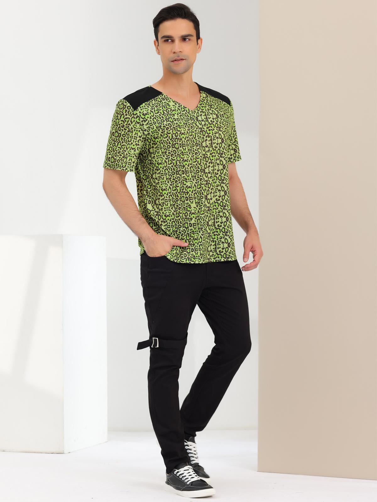 Men’s V Neck Animal Print Short Sleeves T-Shirt Tops Green Black S