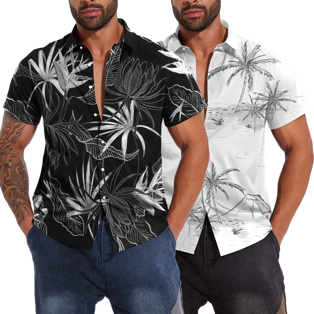 Button Down Shirts Men Black White Hawaiian Dress Short Sleeve Party Up Soft Tee