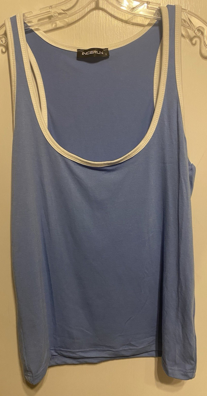 Incerun Men’s Deep Scoop Neck Tank Top Size Small Blue, white trim NWOT