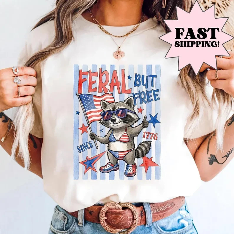 Feral But Free Raccoon Shirt, 1776 Patriotic Flag Tee, Fourth Of July Top